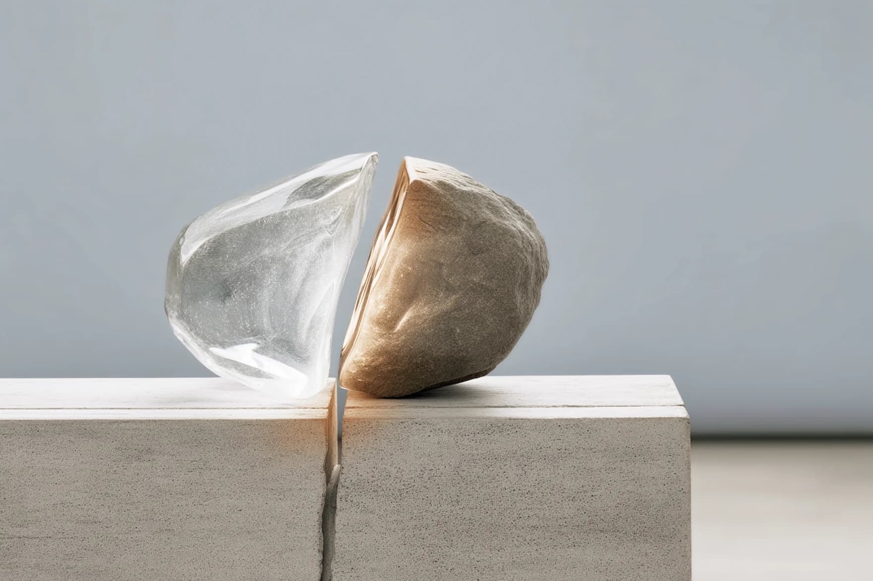 A clear glass form and a sandstone form meeting along a crack in a concrete block