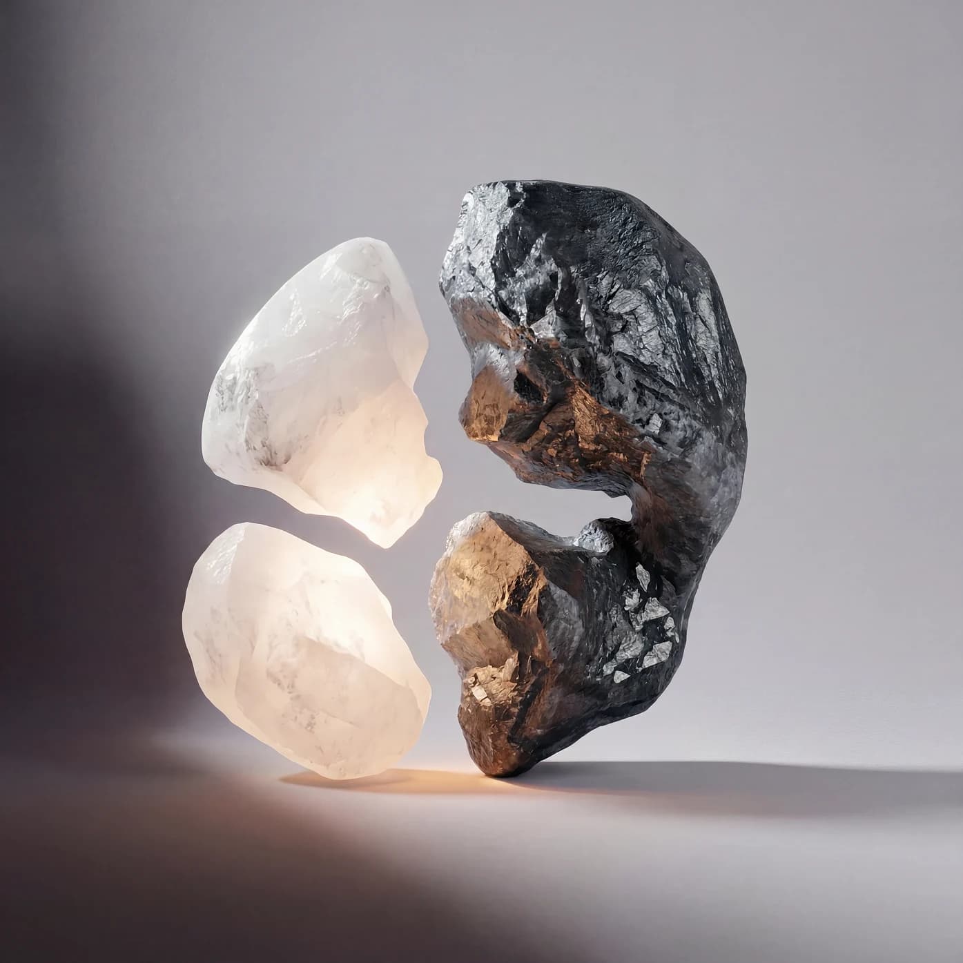Two halves of a stone, one clear crystal and one dark mineral, lit softly from behind